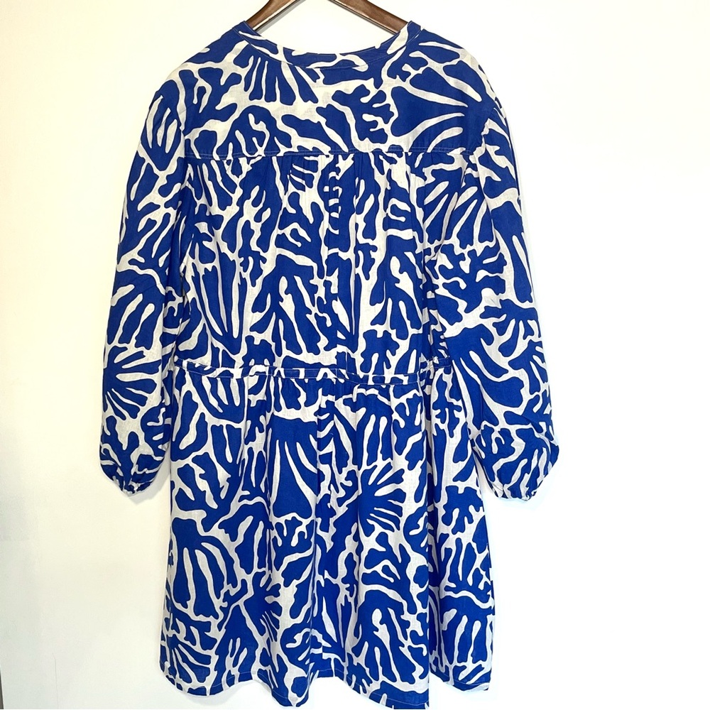 Linen blend coastal drawstring waist mini dress exaggerated sleeve blue white XL - Picture 6 of 7